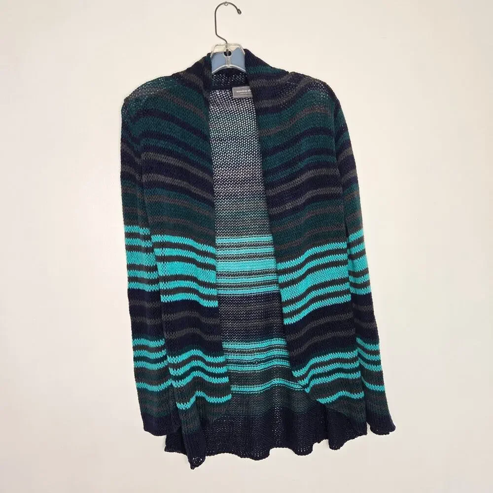 Wooden Ships Open Knit Cardigan Open front Striped Blue Lightweight Women M/L